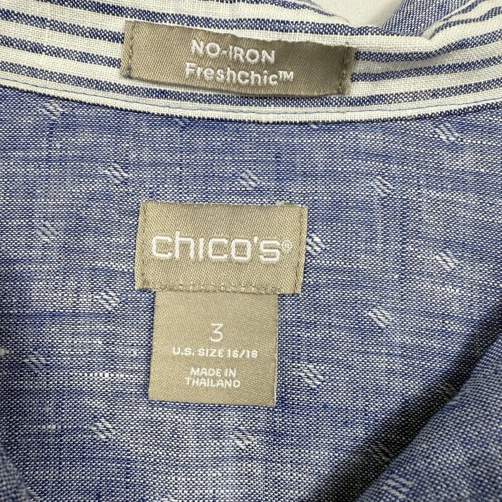 Chicos Chambray Linen Top 3 XL16/18 Blue Button Up Pocket 3/4 Sleeve Non-iron - Picture 3 of 7